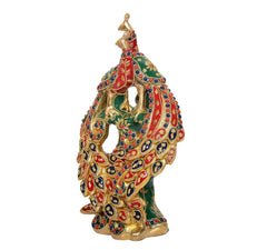 Side view peacock showpiece with green body panel, red trim, and blue bead accents