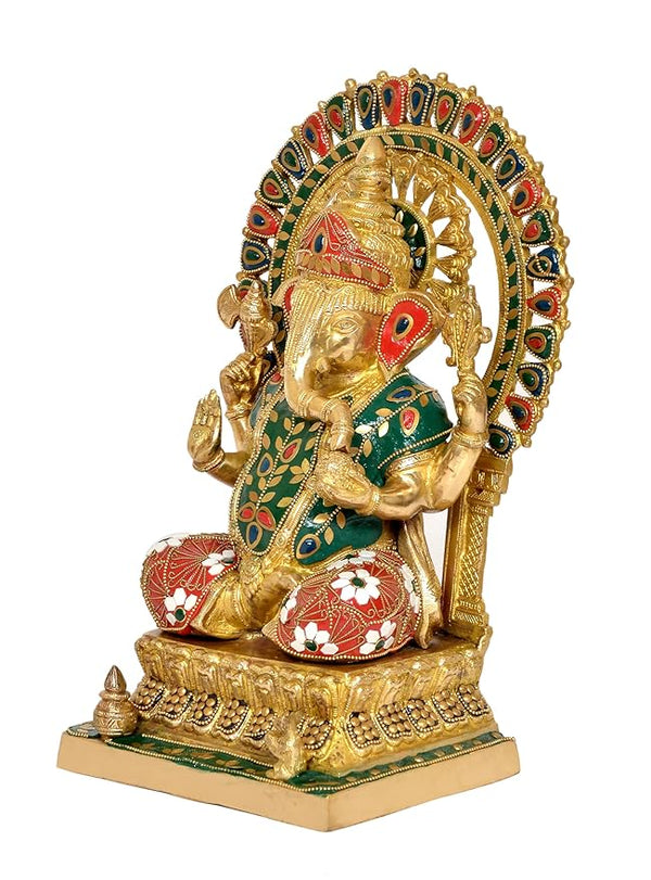 Brass Lord Ganesha Ganpati Idol Vinayak Religious Statue Brass Murti Multicolor (Height 14 Inch) Study Setting