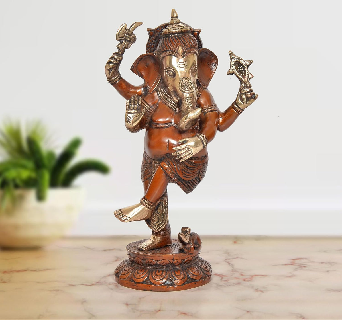Dancing Ganesha brass figurine with raised arms and crown, 12 inch