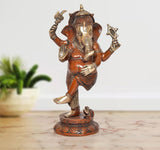 Dancing Ganesha brass figurine with raised arms and crown, 12 inch