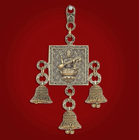 Superfine Brass Goddess Saraswati Diwali Wall Hanging with Bells (Height: 6.5 Inch)