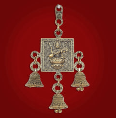 Brass Saraswati wall hanging with central square deity panel and three hanging bells