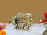 Brass cow and calf pooja mandir decor showpiece, ornate engraved panel