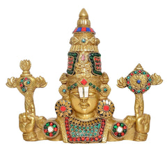 Brass Tirupati idol, seated pose with four arms and jeweled multicolour detailing