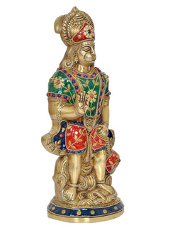 Brass Hanuman statue front-left view, detailed face and colorful inlay robe, 12 inch