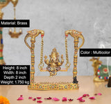 Brass Ganesha swing statue, multicolor detailing; height 8 inch