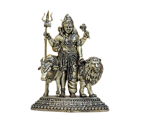 Bronze Ardhanarishvara Shiva and Parvati with Nandi and Lion | Pooja Home Decor Mandir | (Height : 4.5 inch)