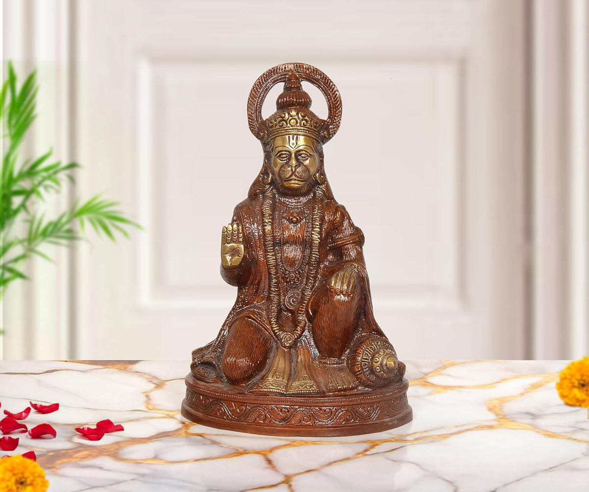 Brass Hanuman JI sitting blessing statue, 9-inch height, front view with halo crown