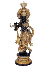 Krishna flute-playing deity idol statue with ornate gold crown, dark bronze finish, full view