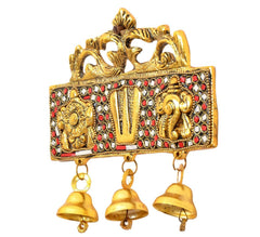 Gold metal hanging latkan with deity panels and three hanging bells