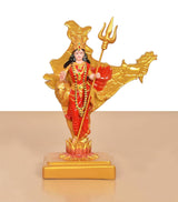 Resin Mother India figurine, standing deity with raised trident, red sari and gold frame