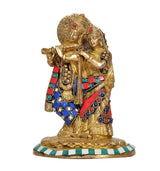 Brass Radha-Krishna statue with detailed crowns, beadwork, and colorful sari panels
