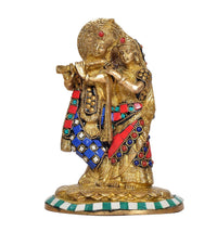 Brass Radha-Krishna statue with detailed crowns, beadwork, and colorful sari panels