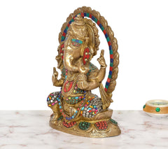 Side view Brass Ganesha statue with multicolor beadwork, raised hands, and halo
