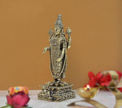 Brass Lord Tirupati Balaji figurine side view showing engraved ornaments and draped outfit