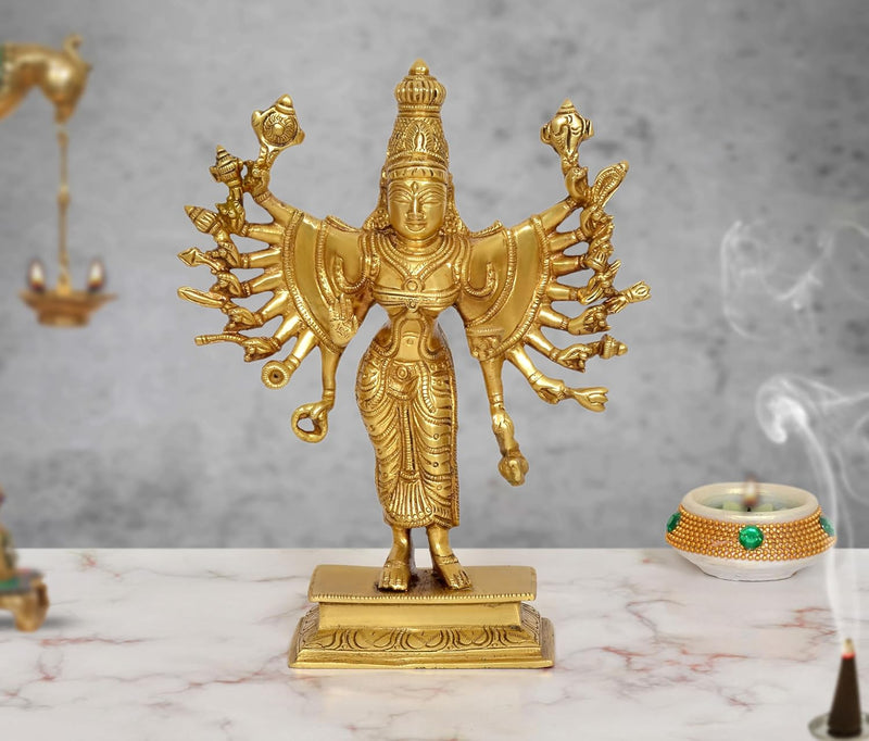 AONA Brass Chamundeshwari Devi Standing with Eighteen Hands Idol 