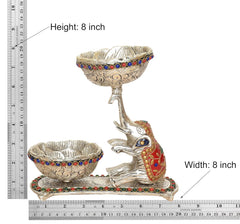 Elephant dry fruit bowl showpiece, silver; 8" high, 8" wide, two ornate bowls