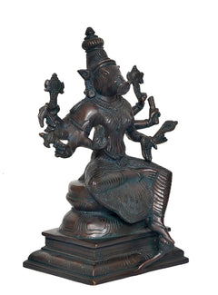 Varahi Vishnu idol figurine, angled view of four arms and detailed jewelry carving