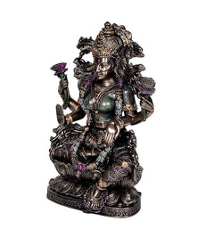 Lakshmi idol statue in resin, three-quarter view, raised arms and ornate headdress