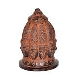 Brass Shiva nine-face stupa idol close-up, detailed crown and etched face designs