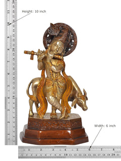Brass Krishna cow idol sculpture, playing flute, height 10.5 in, on wooden base