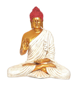 Seated Buddha figurine, red jeweled crown, gold face, white robe with gold accents