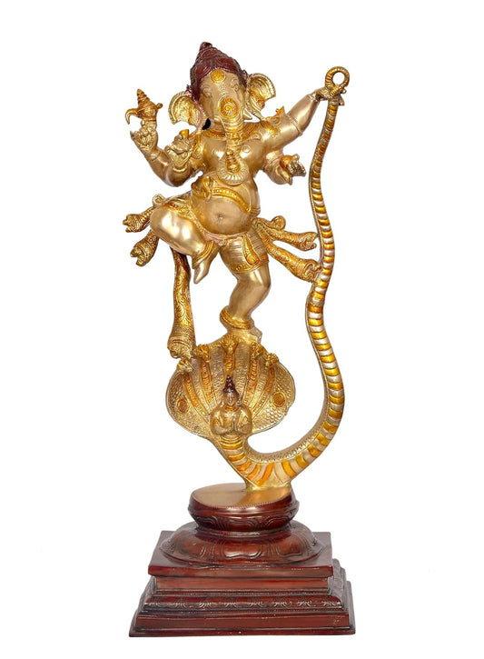 Brass Lord Ganesha Dancing on Serpent Shesha - Hindu Deity Idol for Puja and Gifts (Height 26 Inch)