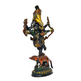 Dancing brass Ganesha idol with six arms, golden face, dark green body, mouse pedestal