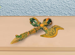Brass parashu phurba dorje dagger with multicolor detailing and ornate green-and-gold handle