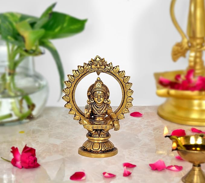 Brass seated Lord Ayyappan idol with ornate halo frame, 5.5 inch