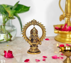 Brass seated Lord Ayyappan idol with ornate halo frame, 5.5 inch