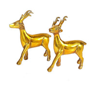 Golden brass deer idol standing set, one left one right, curved antlers, 4.5 in