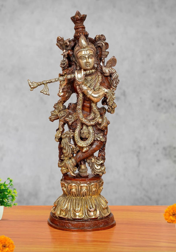 Brass Lord Krishna Sculpture Playing Flute (Height 20.5 Inch)