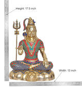 Brass Shiva idol with trident; height 17.5 in, width 13 in, jeweled stonework