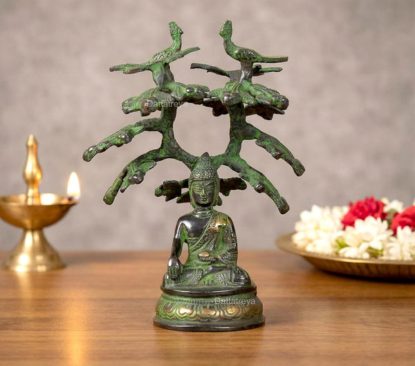 Brass Bhumisparsha Mudra Buddha Tree Idol (Height: 6.5 Inches)