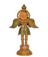 Brass Garuda idol statue rear view, winged body and circular back detailing on base