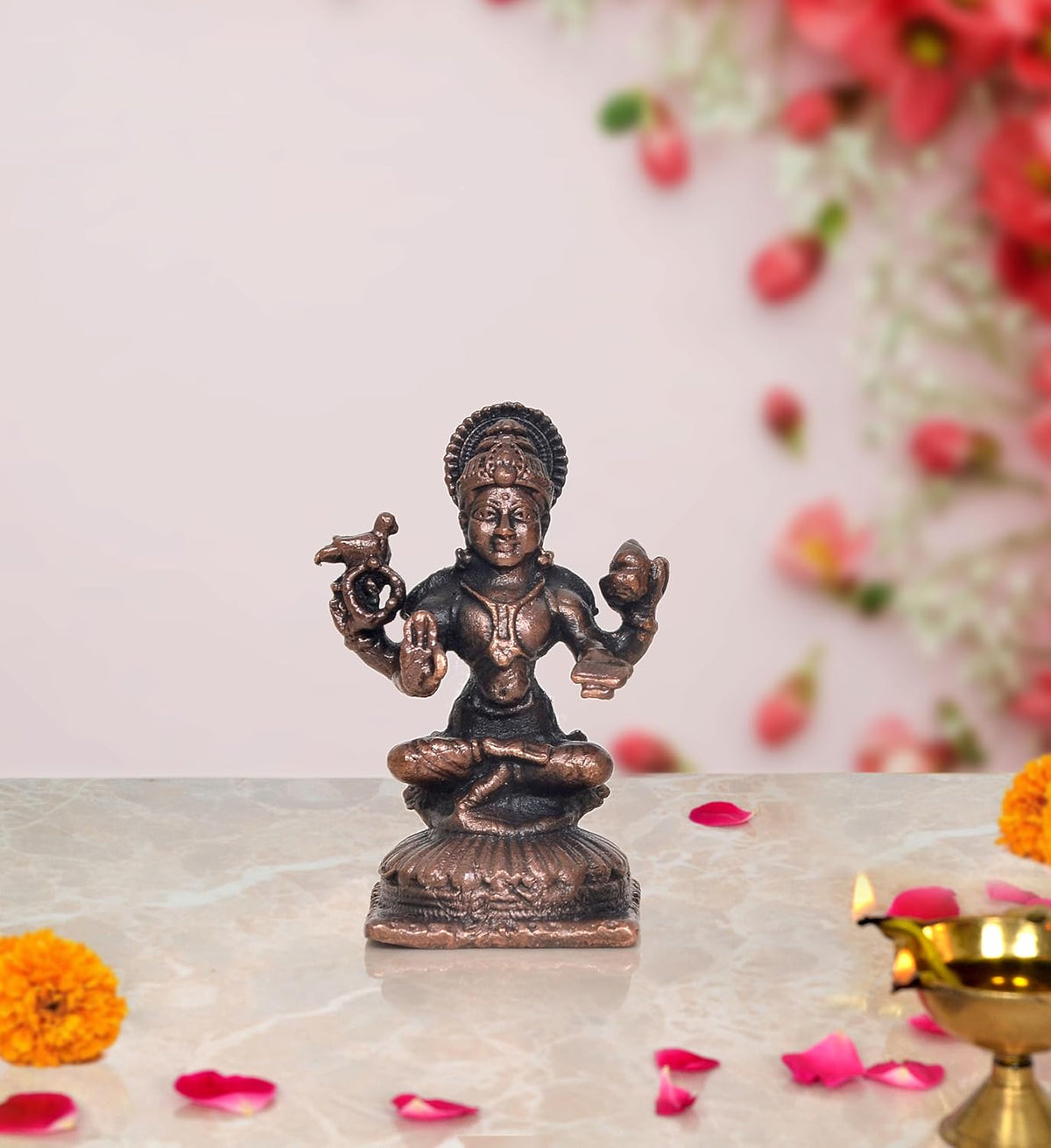 AONA Copper Sharadamba Devi statue, 2 inch, seated with four hands
