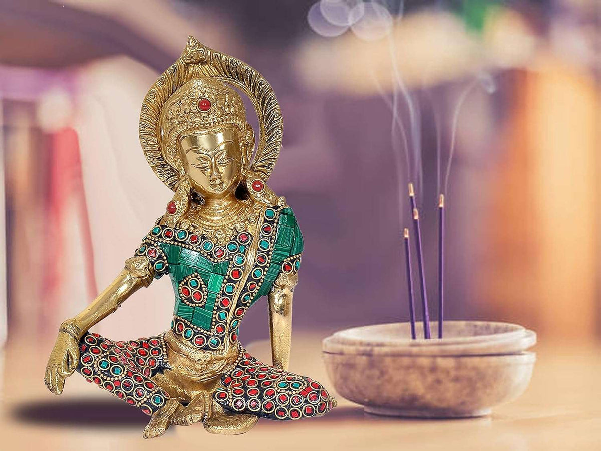 Brass Indra Dev seated statue with teal robe, red gem inlays, 7.5 in height