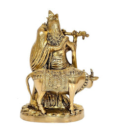 Brass Radha Krishna statue idol rear/side view with richly textured drapery