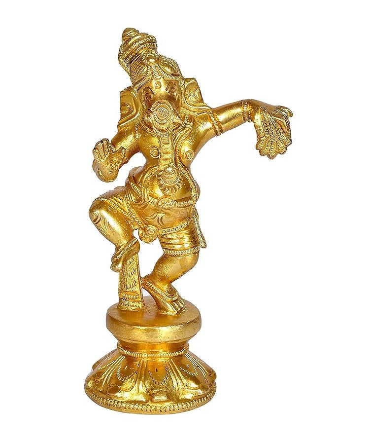 Brass Dancing Ganesha Decor Idol for Home Temple Golden Height 6.5 Inches
