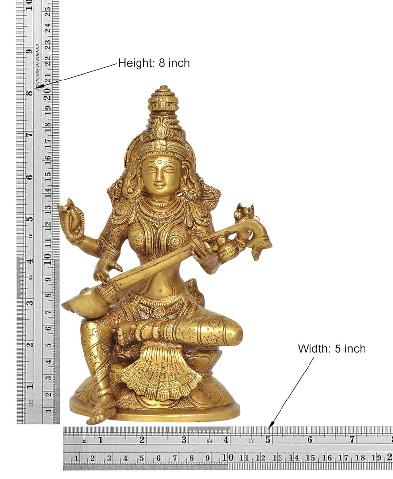 Brass Maa Saraswati Statue - Handcrafted Hindu Goddess Saraswati Idol for Home Decor and Pooja (Height 8 Inch)