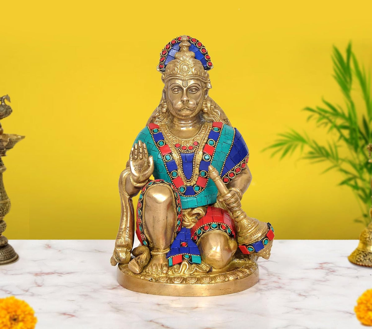 Brass Hanuman JI Sitting in Blessing Statue (Height 10 Inch)