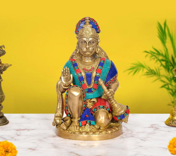 Brass Hanuman JI Sitting in Blessing Statue (Height 10 Inch) Mandir Setting