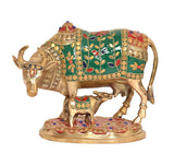 AONA brass Kamdhenu cow with calf showpiece, green and red jeweled design