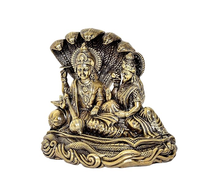 Brass Maa Lakshmi with Lord Vishnu On Sheshnag Idol Statue for The Puja Temple at Home in Brass - (Brass, Height 4 Inch)