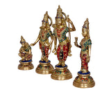 Brass Ram Darbar idol figures in full view: Ram with bow, Sita, Laxman, Hanuman kneeling
