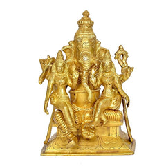 Ganesha with Riddhi Siddhi brass statue, 7 inch, full front view