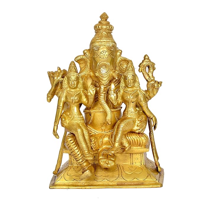 Brass Lord Ganesha with Riddhi Siddhi Idol Statue Murti, Height : 7 inch (Gold)