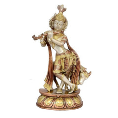 Idol Krishna Murlidhar brass statue on ornate base, flute in hand