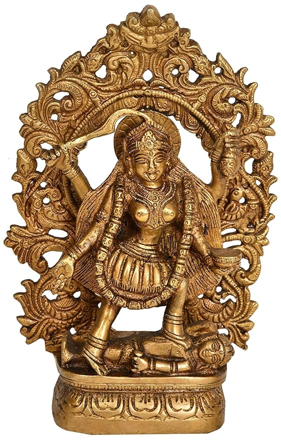 Brass Kali Mata idol goddess statue, seated with ornate crown and circular halo